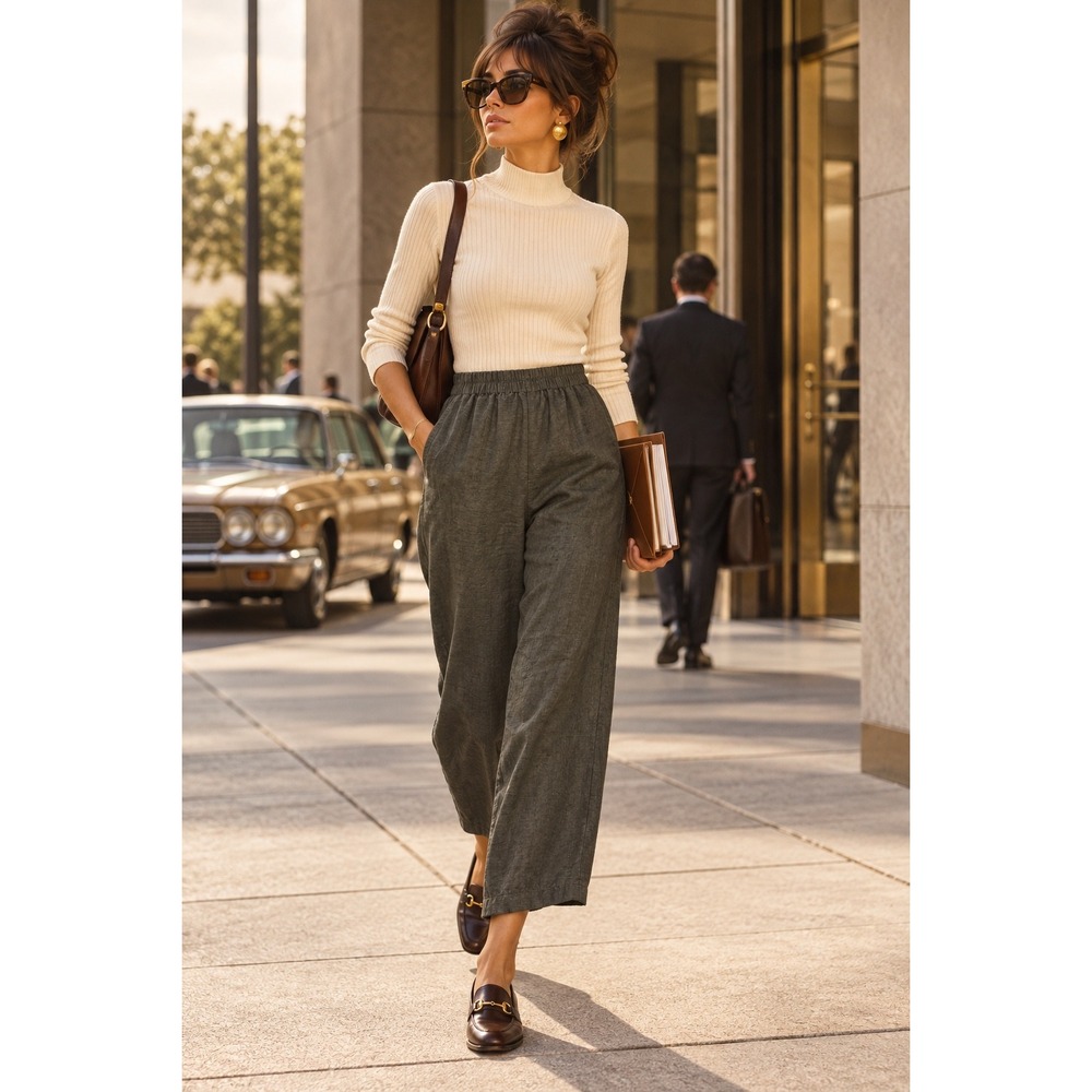 Eileen Fisher Pants Olive Green Silk/Linen Linen Wide Leg Cropped Lagenlook S